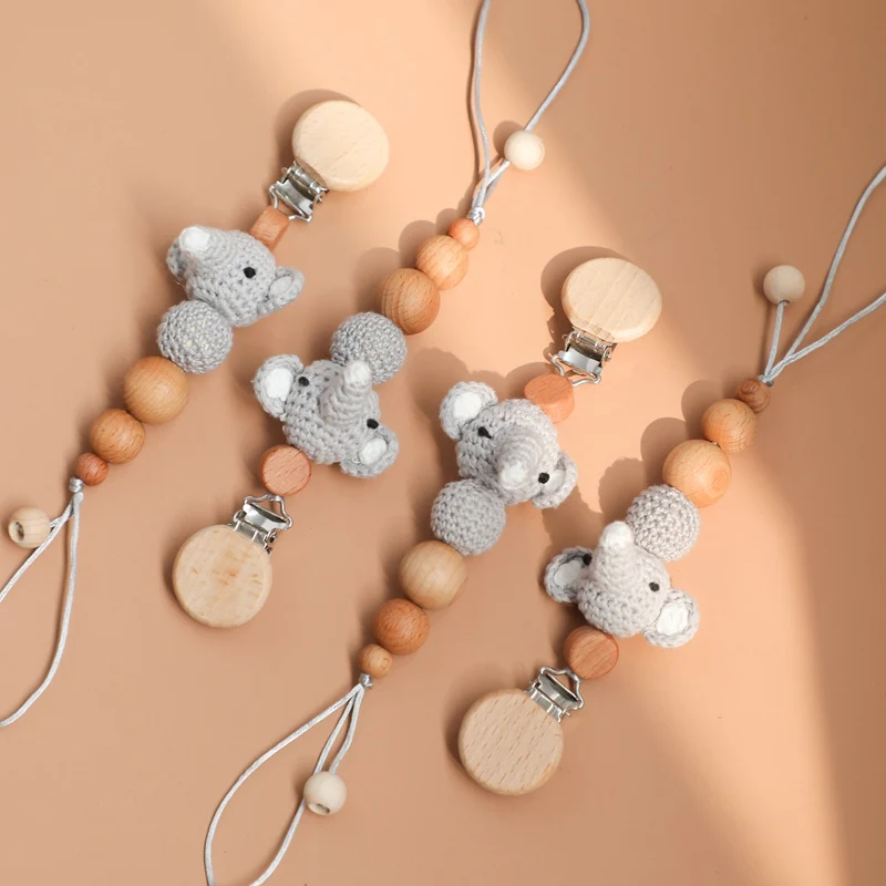 1PC Baby Wooden Teether Pacifier Clip Chain Elephant Pendant Crochet Beads Rodent Soother Clip Baby Shower Gift For Kids Toys