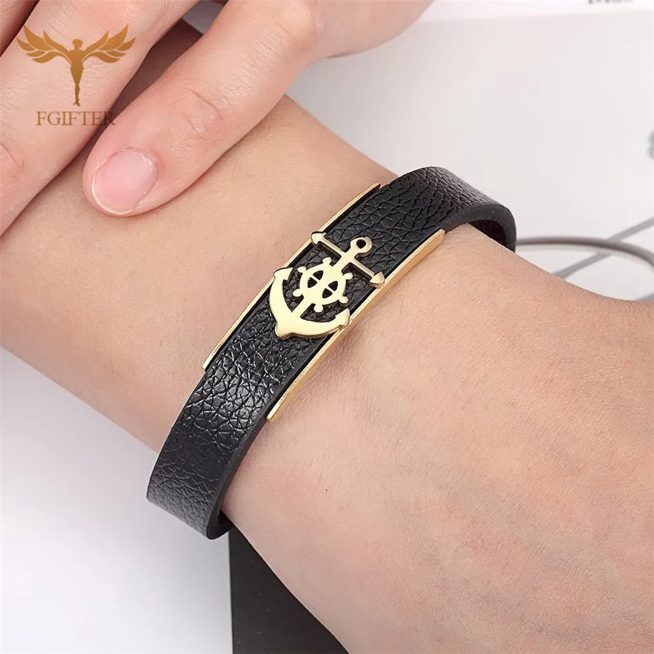 Charm Male Leather Bracelet Anchor Bracelets Men Fashion Black Belt Stainless Steel Man Cuff Accessory Causal Jewellry J