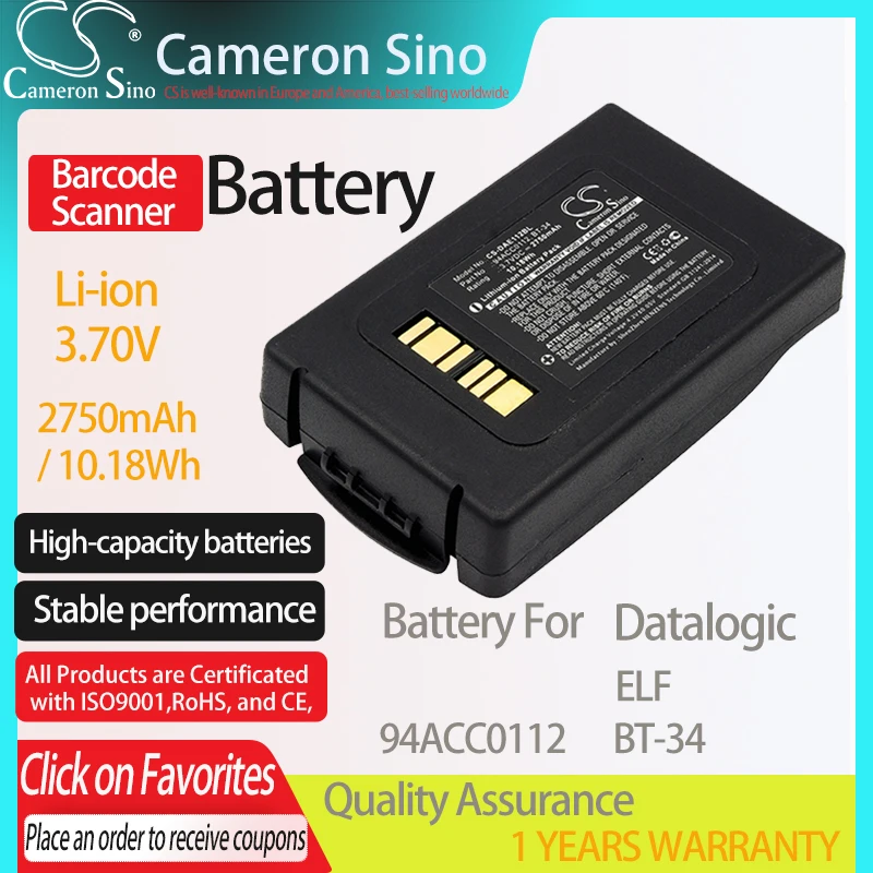 CameronSino แบตเตอรี่สำหรับ Datalogic ELF เหมาะกับ Datalogic 94ACC0112 BT-34 Barcode Scanner แบตเตอรี่2750MAh/10.18Wh 3.70V Li-Ion สีดำ