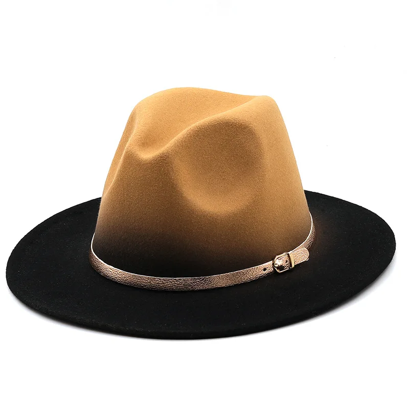 Khaki Gradient Women Wide Brim gold belt Church Derby Top Hat Panama Felt Fedoras Hat Men artificial British style Jazz Cap