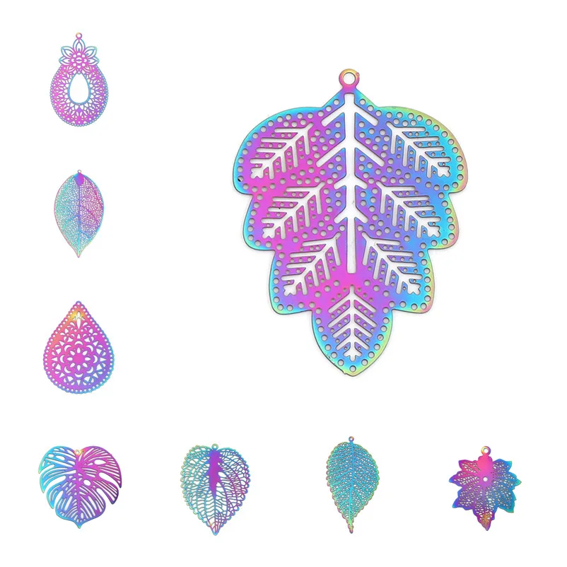 10 PCs Purple & Blue Leaf Stainless Steel Filigree Stamping Pendants For Jewelry DIY Findings Earrings Making 42mm x 25mm