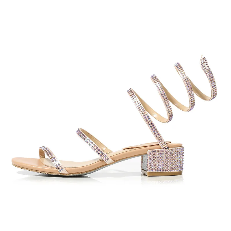 2020 Summer New Snake-Shaped Winding Sandals Semi-High Heeled All-match Crystal Fairy Wind Open Toe A- line Women\'s Shoes