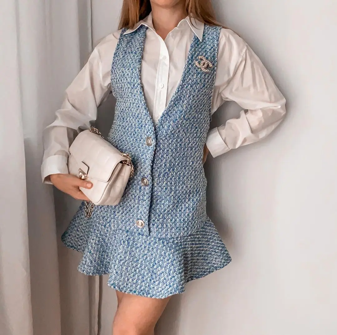 XEASY 2021 Women Tweed Blue Plaid Vintage Casual Sweet Dress Female Fashion Office Lady Slim V Neck Sleeveless Mini Dresses