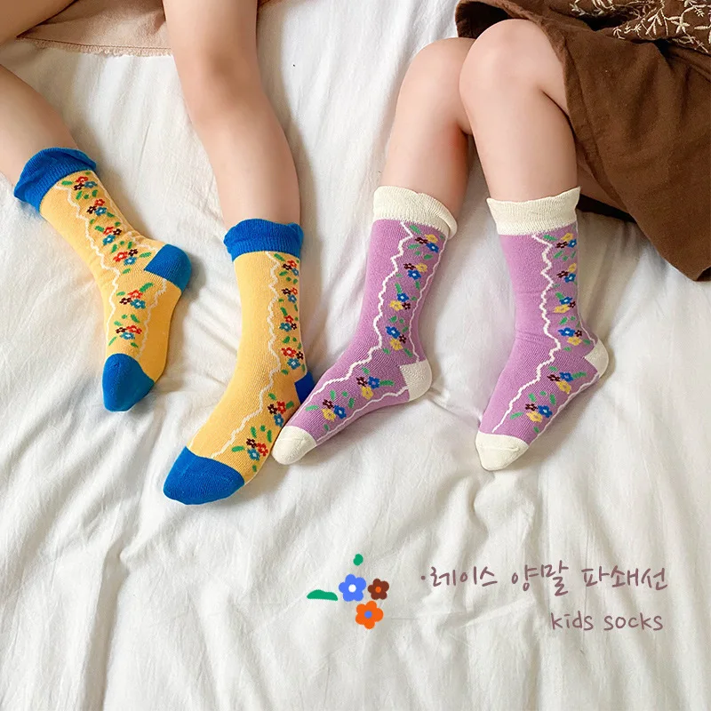 

3 Pairs/lot Kids Girls Socks Korean 3 Color Cute Flower Bubble Mouth Middle Tube Cotton Socks 2021 Spring Summer Children Socks