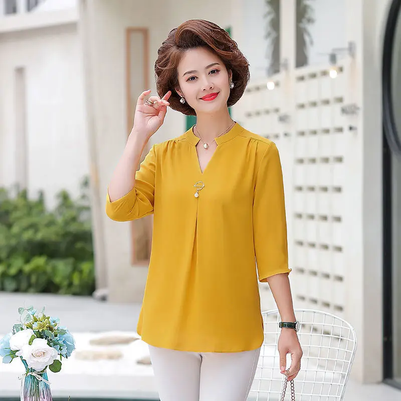 Oversized 5xl 3/4 Sleeve Mom Chiffon Causal Blusas Summer Loose Plus Size Tops Korean Fashion Chic Shirt Elegant Thin Camisas