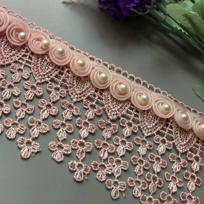 1 Yard Pink Pearl Tassel Plum Flowers Pearl Lace Trimmings Ribbons Beaded Lace Fabric Embroidered Sewing Wedding Dress 8cm New