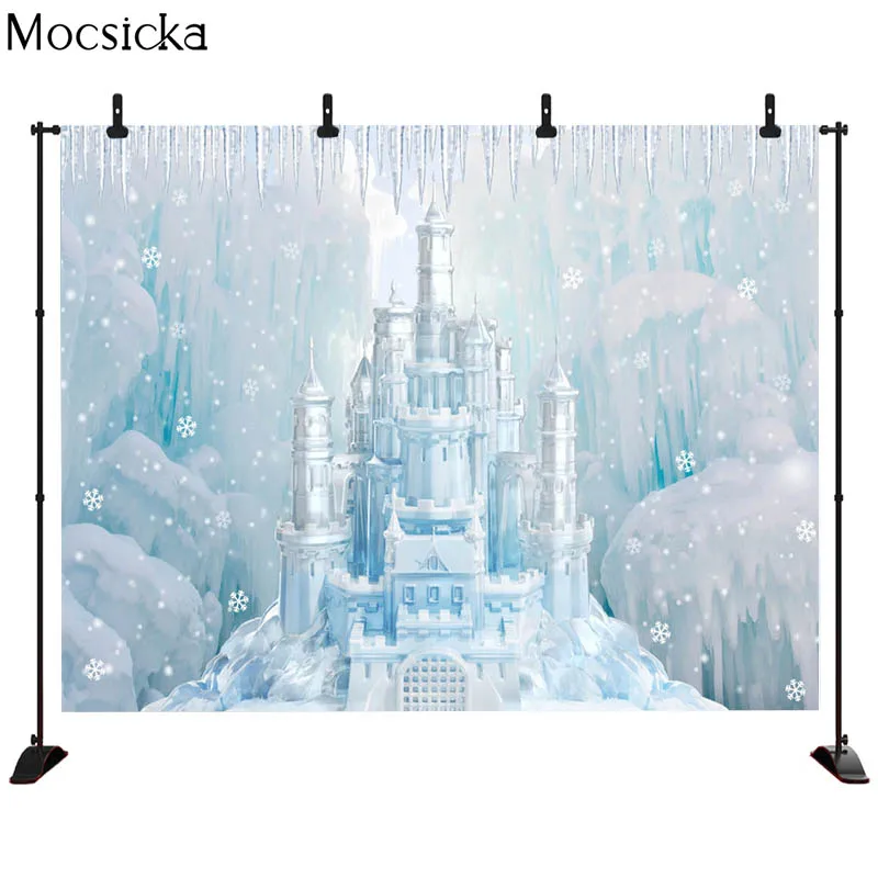 Mocsicka 베이비 샤워 배경 겨울 얼음과 눈의 성 장식 스타일 신생아 사진 배경 사진 스튜디오