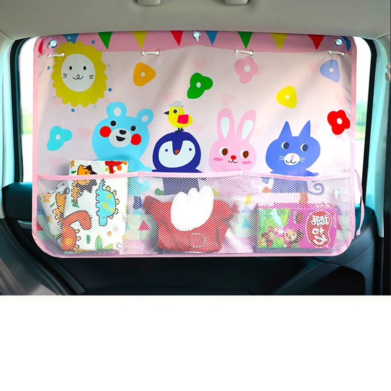 Summer Sun Shade Parasol Curtains for Baby Window Sunshade Cute Cartoon Car Window Adjustable Sunscreen Curtain Storage Net