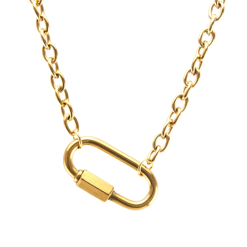 gold color Women necklace Heavy Cable chain Stainless steel shackle carabiner snap hook charm clasp Fashion choker