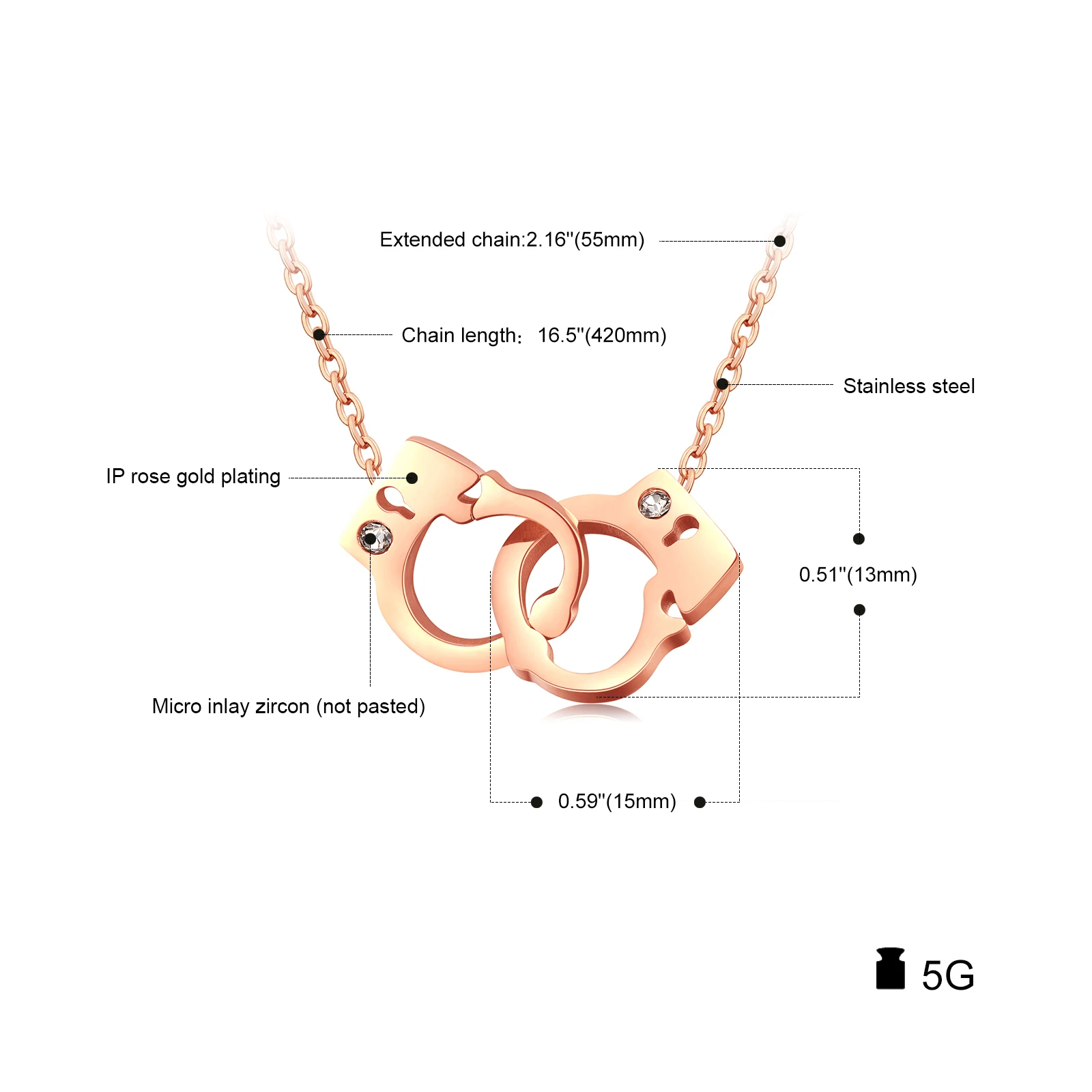 Stainless Steel Zirconia Handcuffs Pendant Necklace For Women Girl Fahion Jewelry