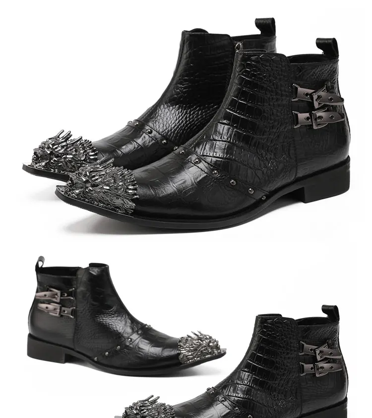Herbst Partei männer stiefel Lron kopf Tipp Niet Metall schnalle Rindsleder Gao Bang Luxus Leder stiefel Sozialen kontaktieren Hochzeit schuhe – Detail 8