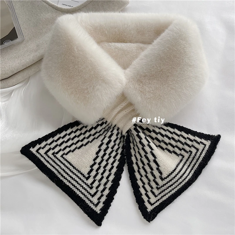 Korean Wool Knit Cross Bib Plush Warm Scarf Woman\'s Winter Faux Rex Rabbit Fur Stripe Thicken False Collar Neck Guard Scarve Q88