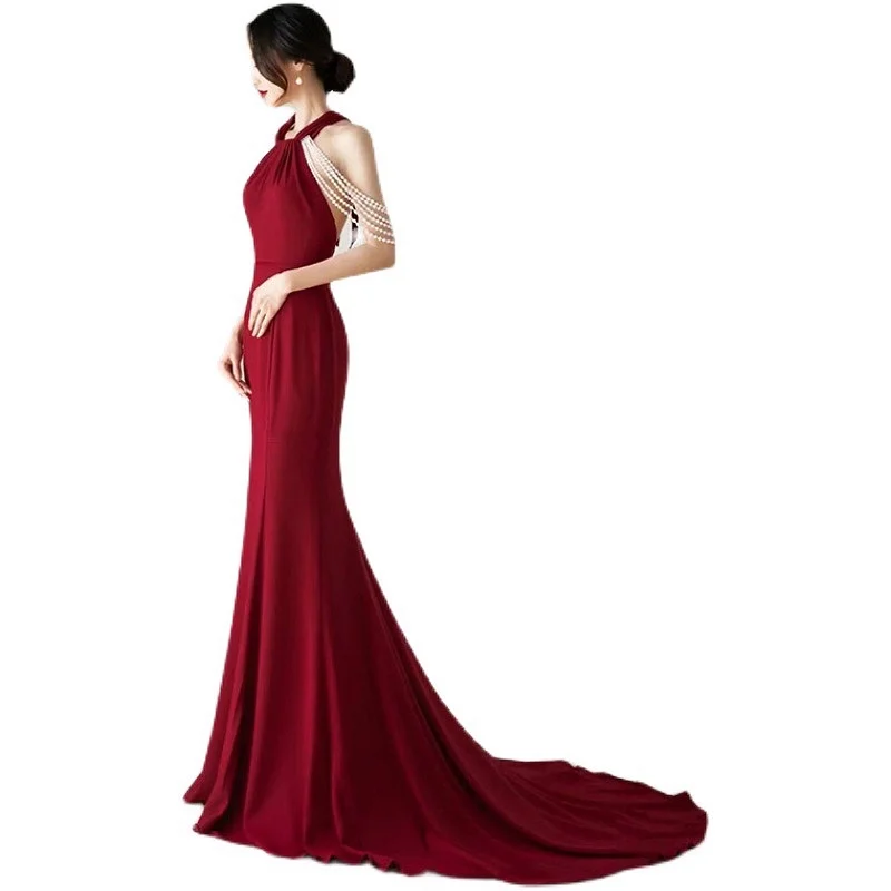 Vintage Wine Red Celebrity Dresses Halter Sleeveless Sexy Backless Pearl Slim Mermaid Female Banquet Trailing Party Evening Gown