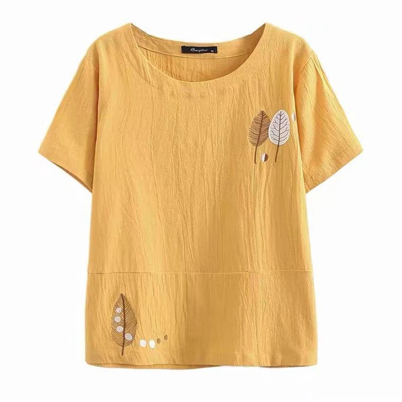 Cotton Linen Summer Blouse Women Tunics Short Sleeve Embroidery Ladies Tops Shirts Soild Color Tee Shirts Loose Casual