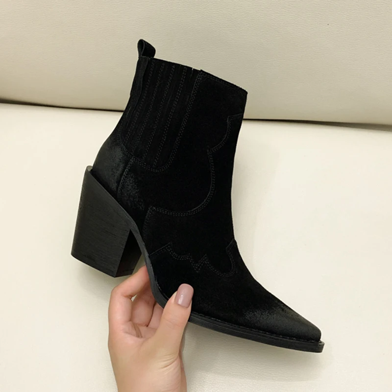 Leather Boots Women Genuine Pointed Toe Mid Heel Ankle Boots Thick Square Heel Slip On Western Boots Cowboy Boots Women 2020 New