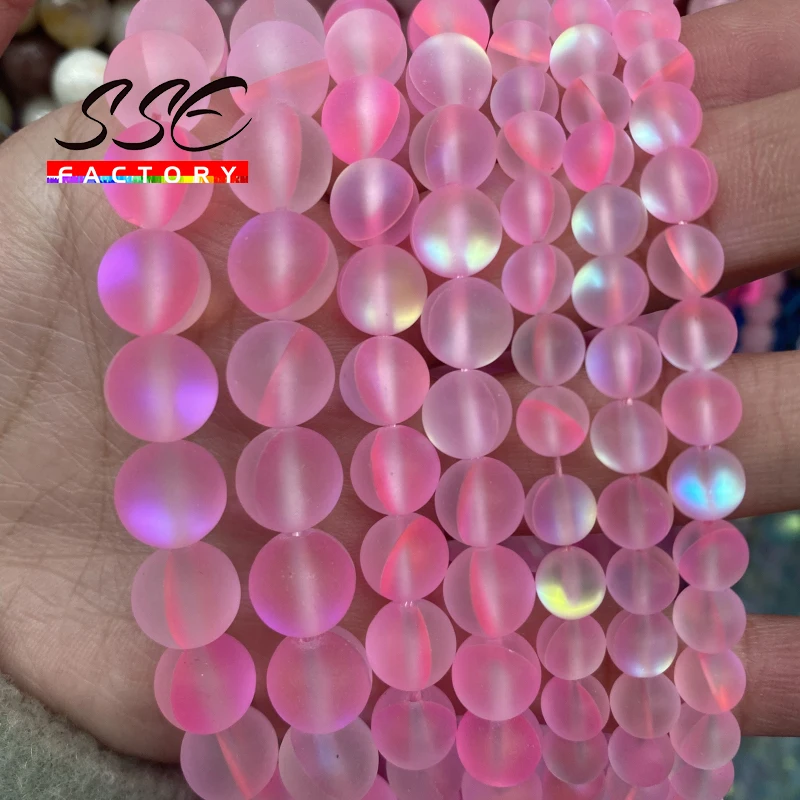 

6 8 10 12mm Frosted Pink Austria Crystal Glitter Moon Stone Beads Round Flash Shimmer Beads for Jewelry Making DIY Bracelet 15''