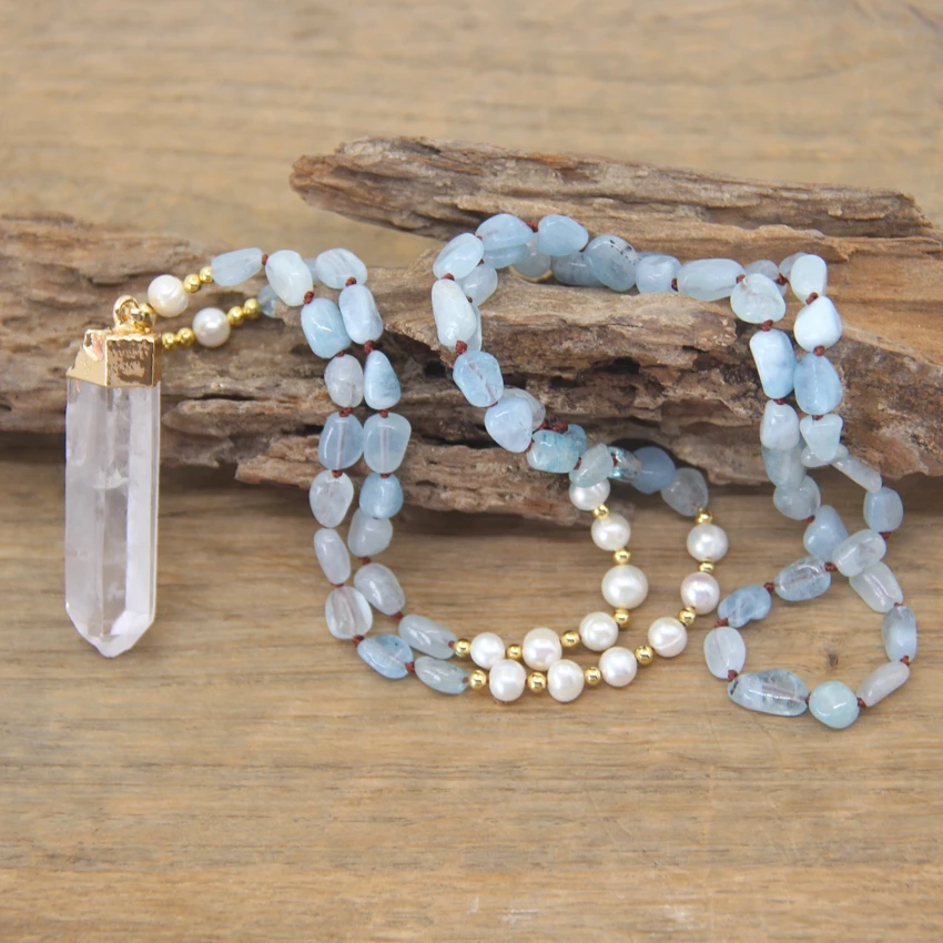 Raw Crystal Point Pendants Natural Aquamarines Pearl Irregular Beads Knotted Handmade Necklace Mala Yoga Women Jewelry,QC0132