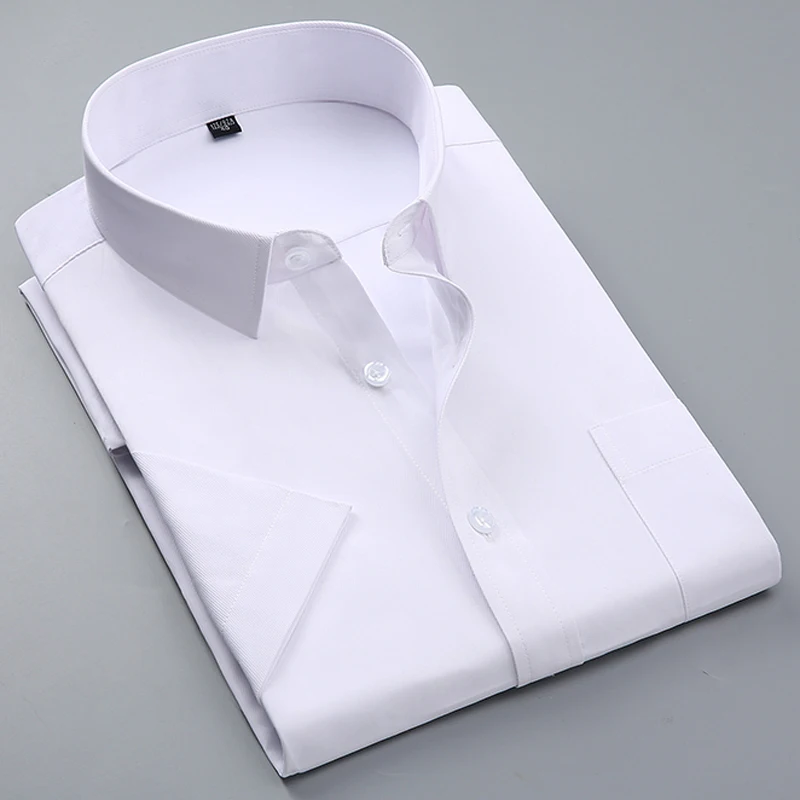 Summer Men's Short-sleeve White Basic Dress Shirt with Single Chest Pocket Standard-fit Business Formal Solid/twill/plain Shirts