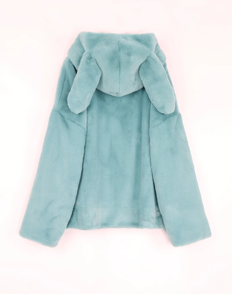Nerazzurri Spring Fluffy Jacket with Rabbit Ears Raglan Sleeve Zipper Oversize Light Soft Harajuku Kawaii Faux Fur Hoodie 2021