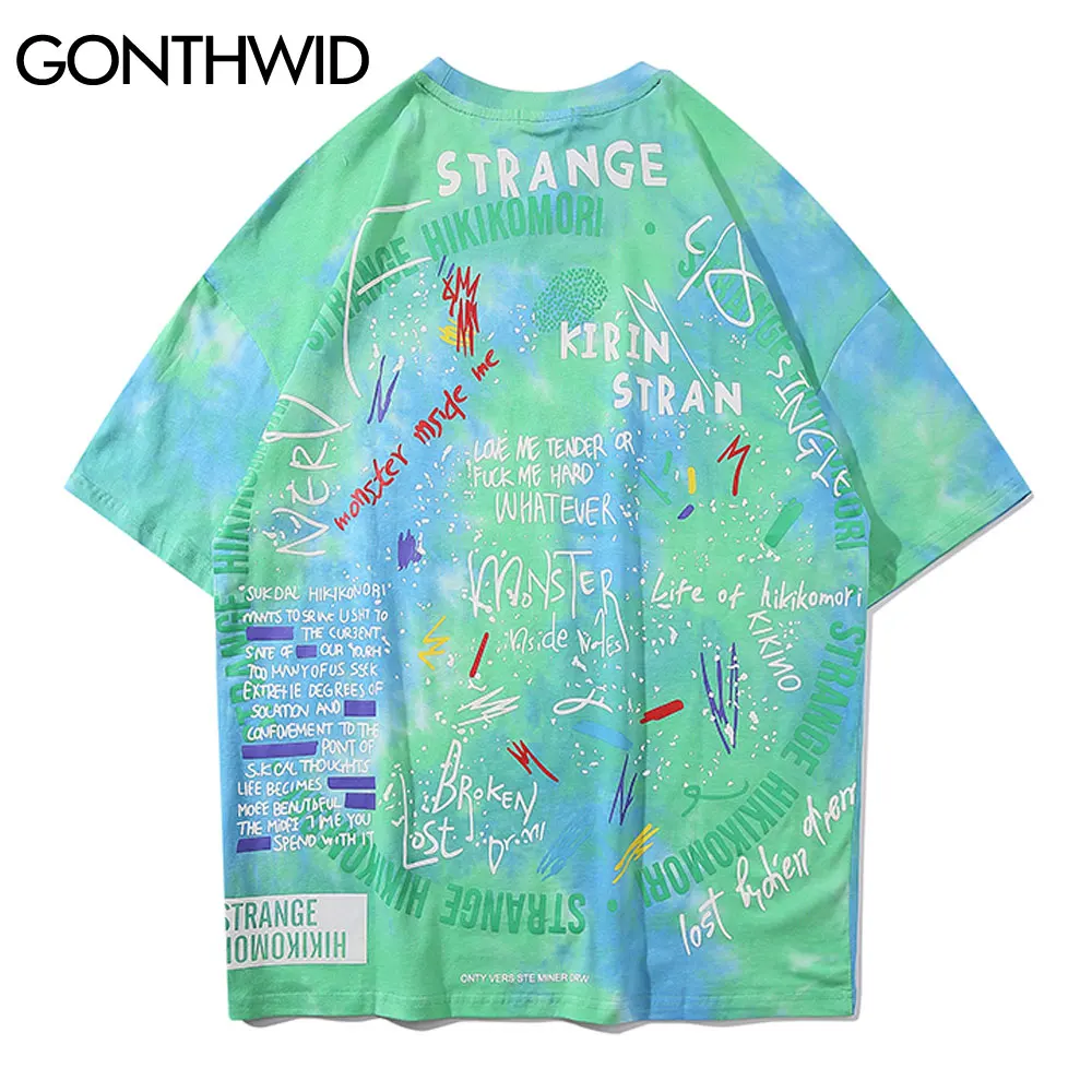 GONTHWID Tie Dye Tees Shirts Streetwear Hip Hop Graffiti Print Short Sleeve Tshirts Mens Harajuku Hipster Casual Tops Fashion