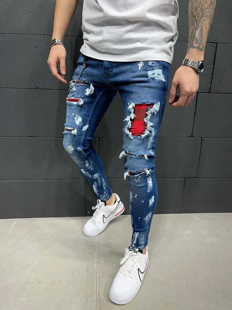 Fashion Mens Skinny Ripped Jeans Grid Beggar Patches Slim Fit Stretch Casual Denim Pencil Pants Painting Jogging Trousers Men