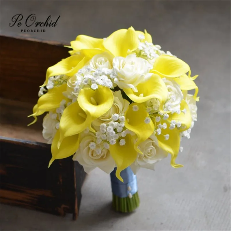 PEORCHID Yellow Calla Lilies Wedding Bouquets White Rose Ramo De Novia Vintage Real Touch Bridal Flower Bridesmaids Bouquets