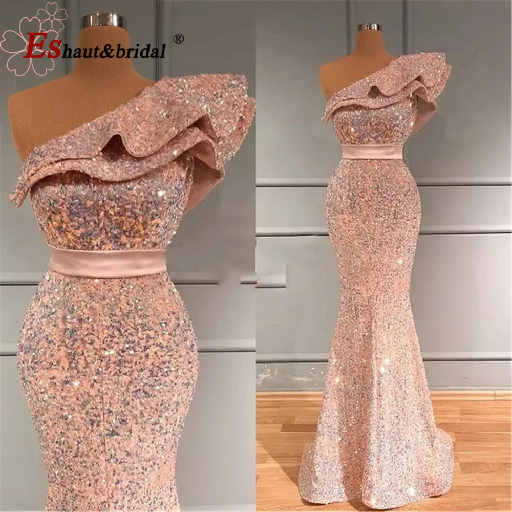 Elegante um ombro sereia noite vestido para mulher 2023 lantejoulas veludo plus size longo formal casamento festa de hóspedes vestidos