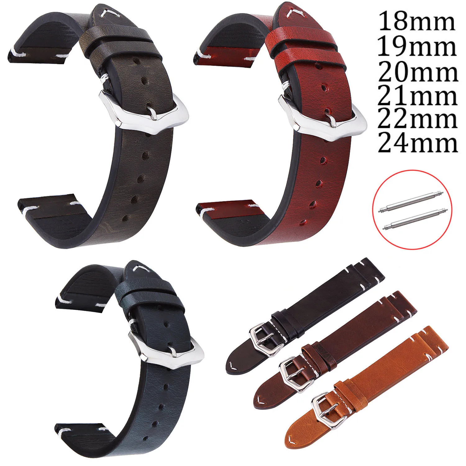 Calf Leather Watch Band 18mm 19mm 20mm 21mm 22mm 24mm Watch Strap Stitching Genuine Leather Watchband Retro Wrist Band with Pins