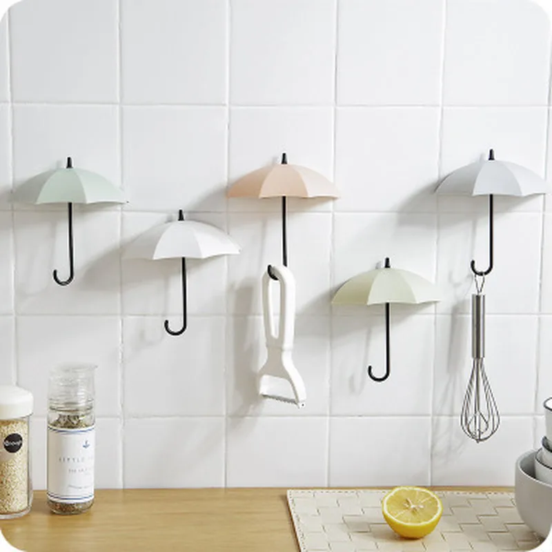 3Pcs Creative Storage Hooks Door Wall Hook Wall Decoration Keys Hair Pins Holder Bathroom Wall Hanger Umbrella Shape Punch Free