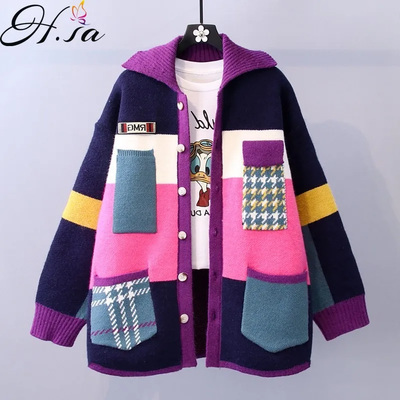 Hsa Women Long Sweater Cardigans Colorful Patchwork Sweater Coat 2021 Winter Korean Knitted Coat Oversized Warm Thick Cardigan