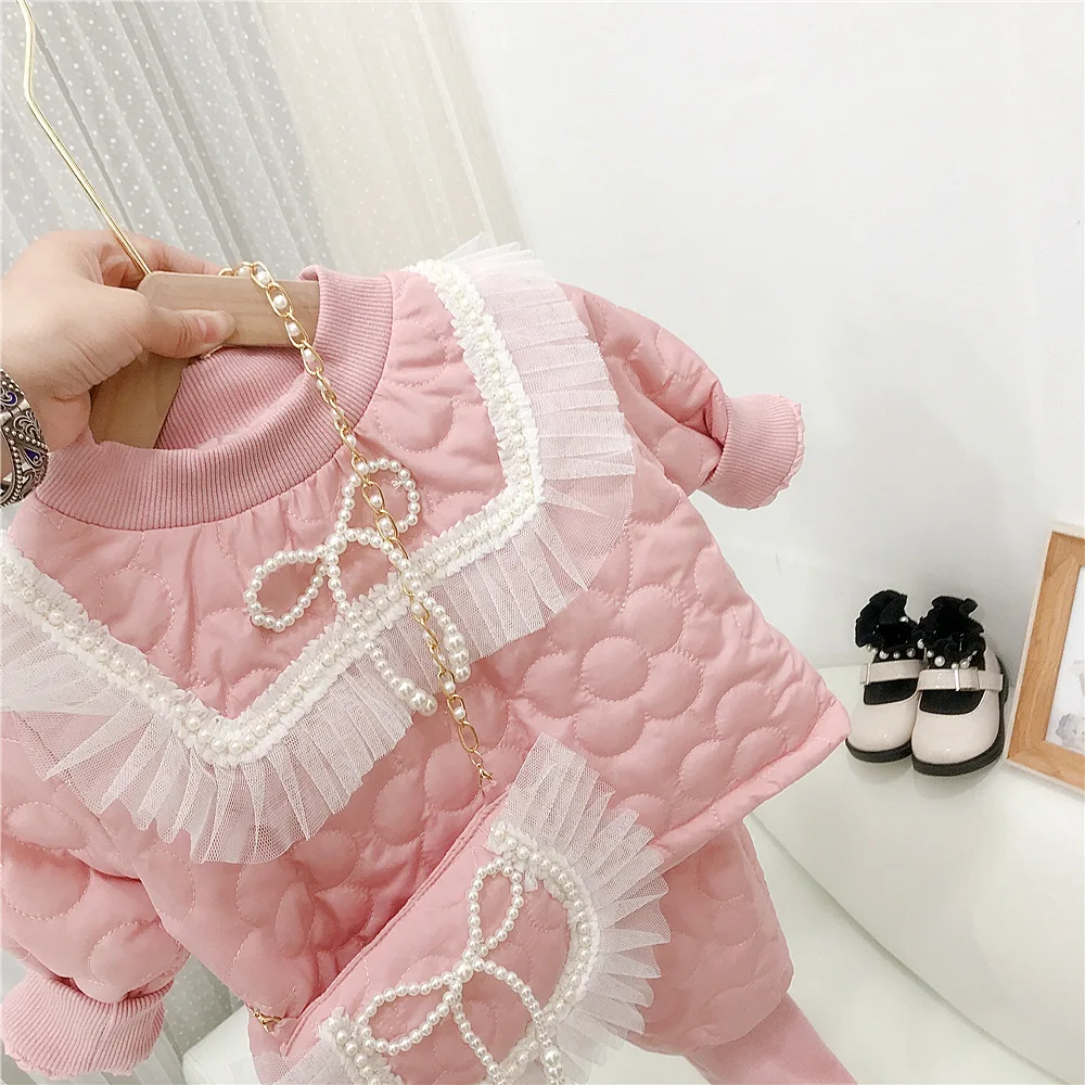 Fashion Baby Girls Pearls Beading Lace Pullover Outwear Coats+Pants 2Pcs Autumn Winter Children Clothing Sets Kids Warm Snowsuit