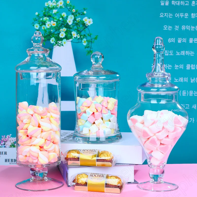 

European Transparent Glass Candy Jar Creativity Tall Feet Large Candy Snacks Jars with Lid Wedding Decoration Cake Dessert Stand