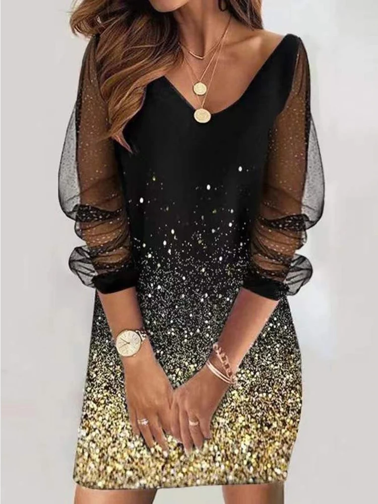 

V Neck Sexi Mesh Dress For New Year 2022 Women Patchwork Long Sleeve Print Party Dress Spring Autumn Lady Loose Dress Vestidos