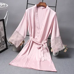 Bata de satén para dama de honor, ropa de dormir elegante, Sexy, de encaje, Kimono de seda, para dormir