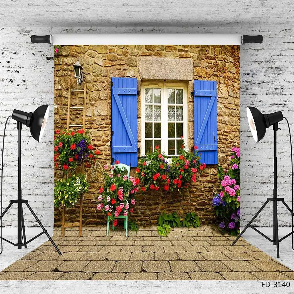 Brick Wall Potted Flowers Ladder Photo Background Computer Printed Backdrop for Children Baby Portrait Photography Photophone