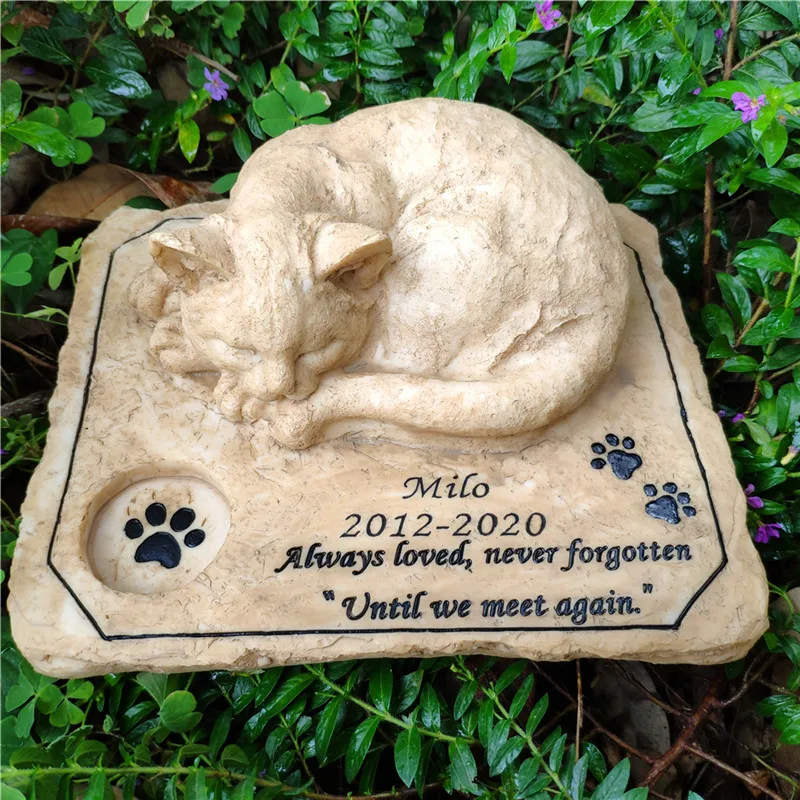 Personalizable Cat Memorial Stones with A 3-D Sleeping Cat On The Top Paw Print Memorial stone Pet Grave Markers Garden Stones