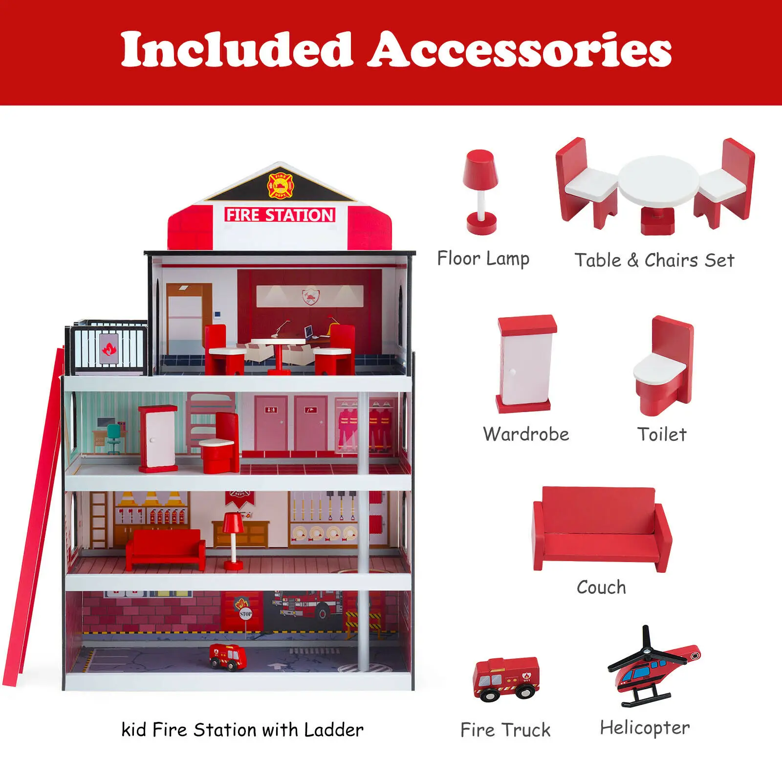 Costway Fire Station Playset Wooden Dollhouse Fireman Toys w/ Truck & Helicopter  TY327905