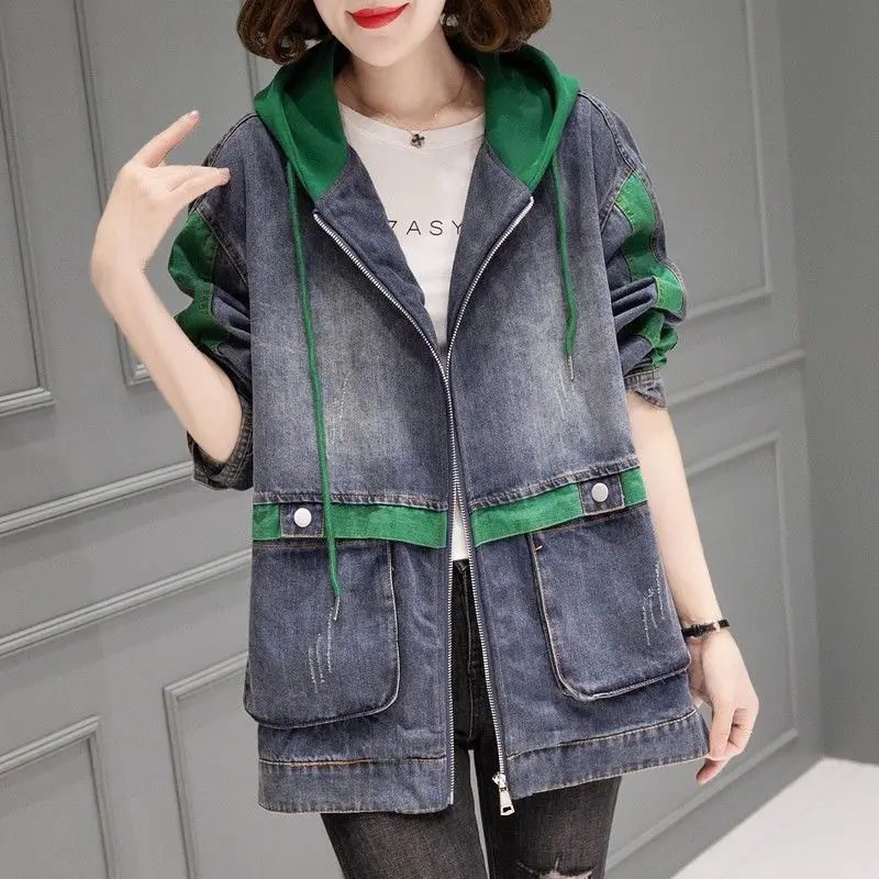 Green Stitching Denim Jacket Female Spring Autumn 2023 New Hooded Cowboy Coat Women Loose Jeans Outwear Ladies Tops