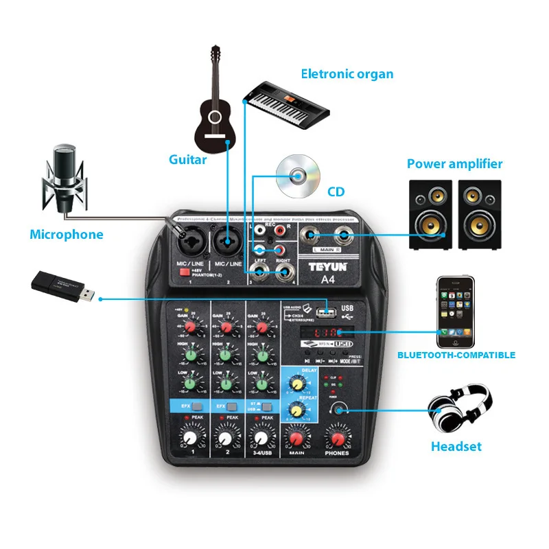 TEYUN A4 Sound Mixing Console Bluetooth USB Record Computer 48V Phantom Power Delay Repaeat Effect 4 Channels USB Audio Mixer