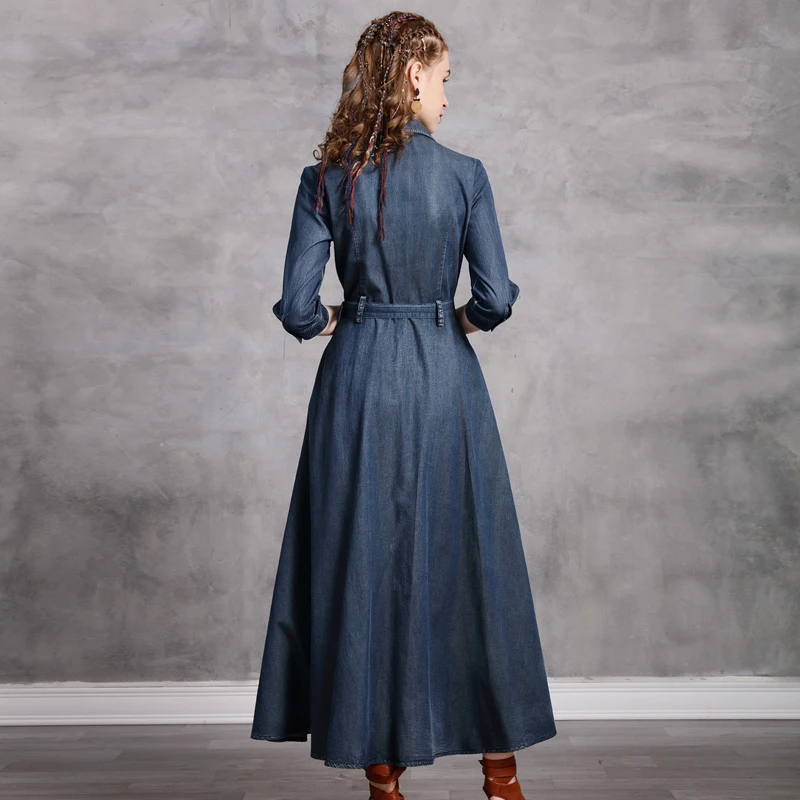 Kleid Für Frauen 2020 Yuzi. kann Boho Neue Denim Frauen Kleider drehen-unten Kragen Hohe Taille Einreiher Vestido Feminino A82259