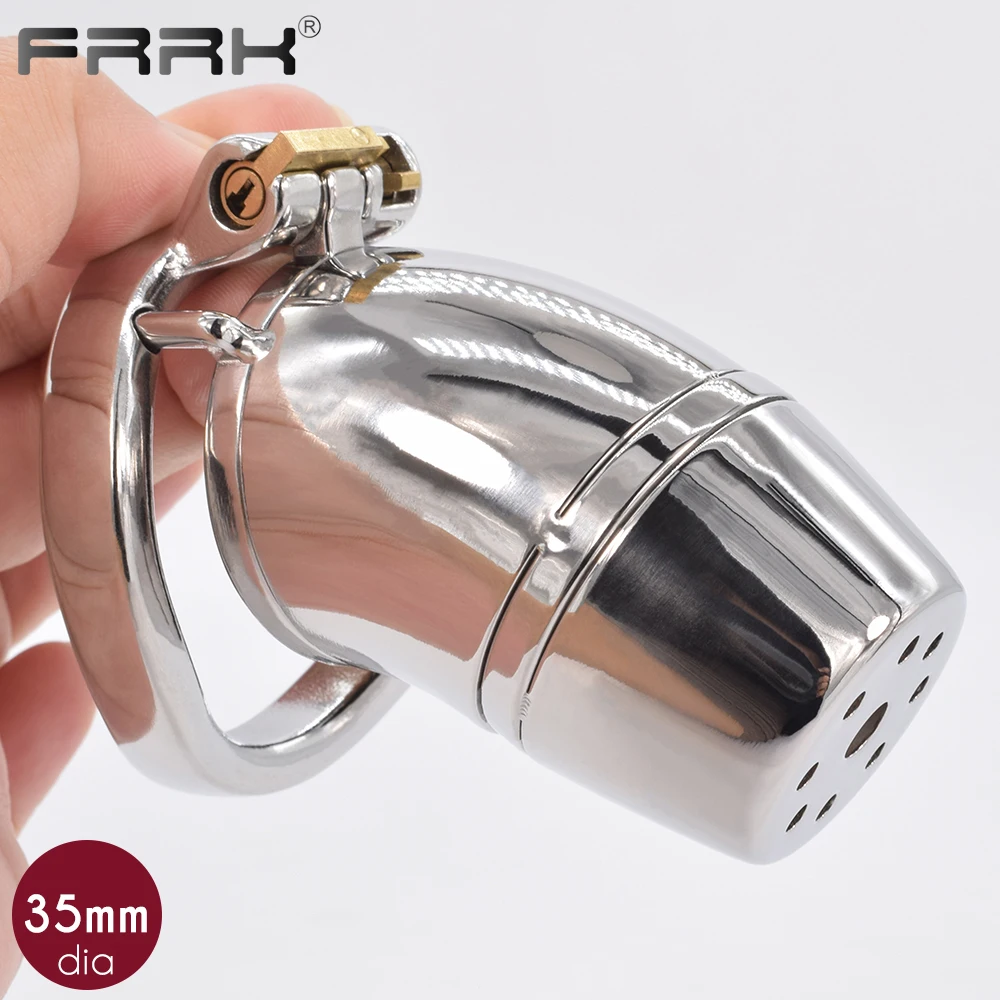 FRRK Male Chastity Device Full Closed Steel Cock Cage BDSM Adult Sex Toys Metal Bondage Belts for Men Shower Head Penis Rings