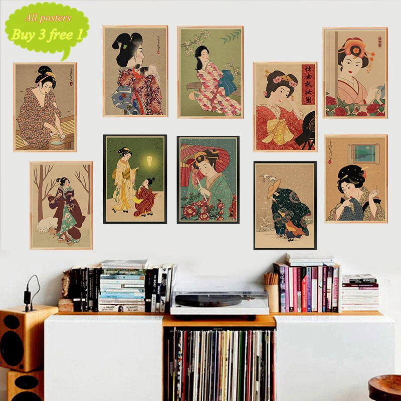 Japanese style Retro vintage kraft paper poster Japanese ukiyo-e izakaya sushi restaurant hotel decorative wall sticker