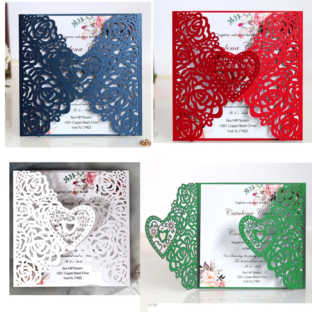 100pcs/Lot 15X15CM Square Laser Cut Hollow Wedding Invitations Heart Rose Covers Business Birthday Party Invited Cards