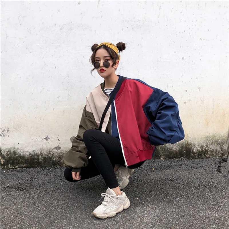 Harajuku Patchwork Fake Two Pieces Jacket Women Spring Oversized Boyfriend Coats Casual Loose Long Sleeve Ladies Jackets Outwear