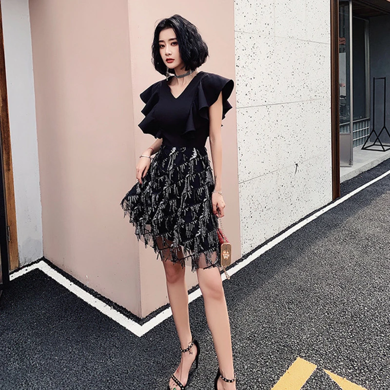 

Black evening dress female 2020 new banquet temperament dress annual meeting host small man dress usually wearable chinese skirt