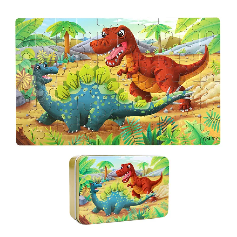 Neue 60 stücke Holz Puzzles Set für Kinder Im Alter Von 4-8 Die Muster von Dinosaurier/Cinderella/schnee Weiß mit Eisen Box Kleinkind Spielzeug