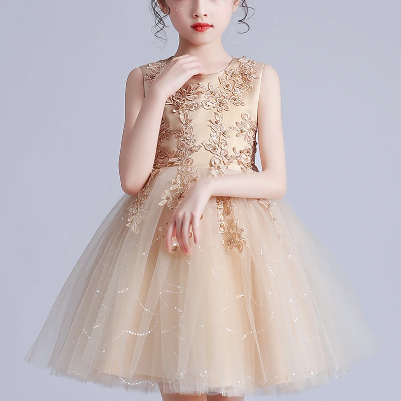 Girl Kid Dress 4-12 Flower Dress Wedding Party Clothing Frock Flower Beading Gown Princess Summer Short Dress Costumes M683