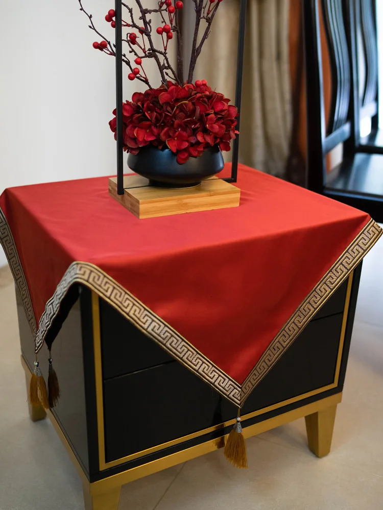 Custom Chinese Luxury Plain Small Square Tablecloth Shoe Cabinet Dust Cover Silk Satin Bedside table TV Set Fridge Cover cloth