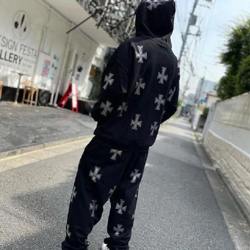 Men's Hip Pop Hoodies Sets Rhinestone Zip Up Hooded Sweatshirts+Pants Male Autumn Winter Sportswear Two Pieces Tracksuit Women