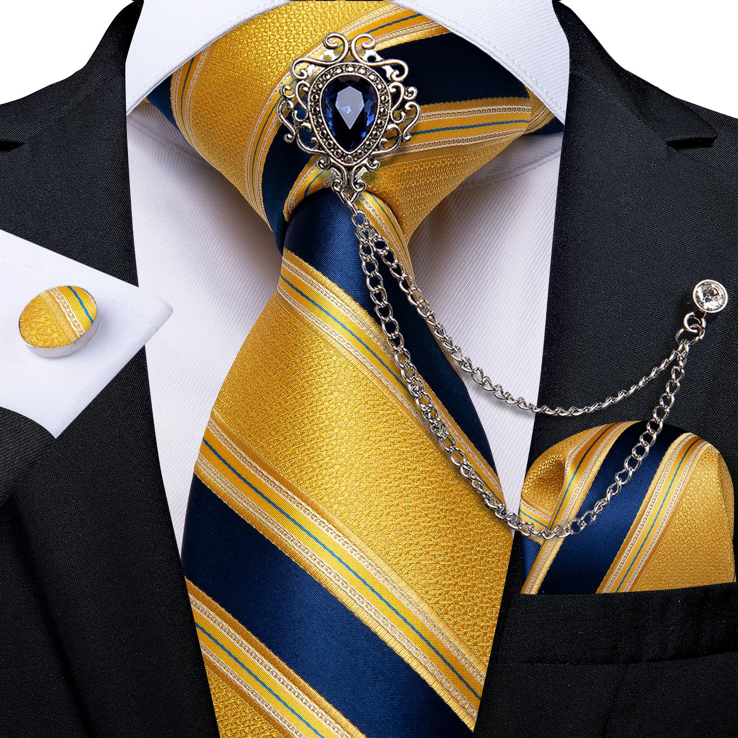 DiBanGu-Corbata azul marino a rayas y amarillas para hombre, pañuelo de seda 100%, accesorios para corbata, regalos